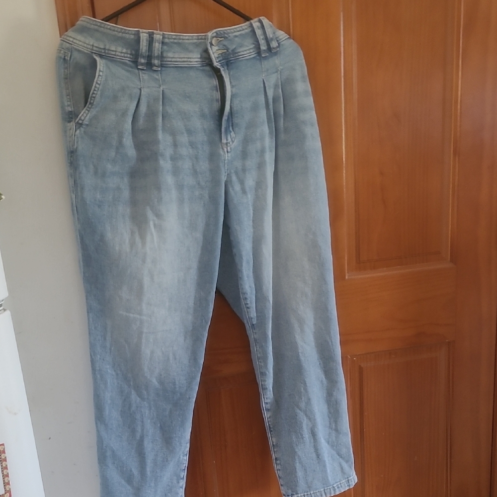Light Wash Denim Tapered High-Waist Jeans Pleated Pockets Sz 18